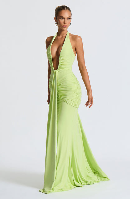 Deep V-Neck Halter Bow Back Ruched Draped Panel Maxi Gown