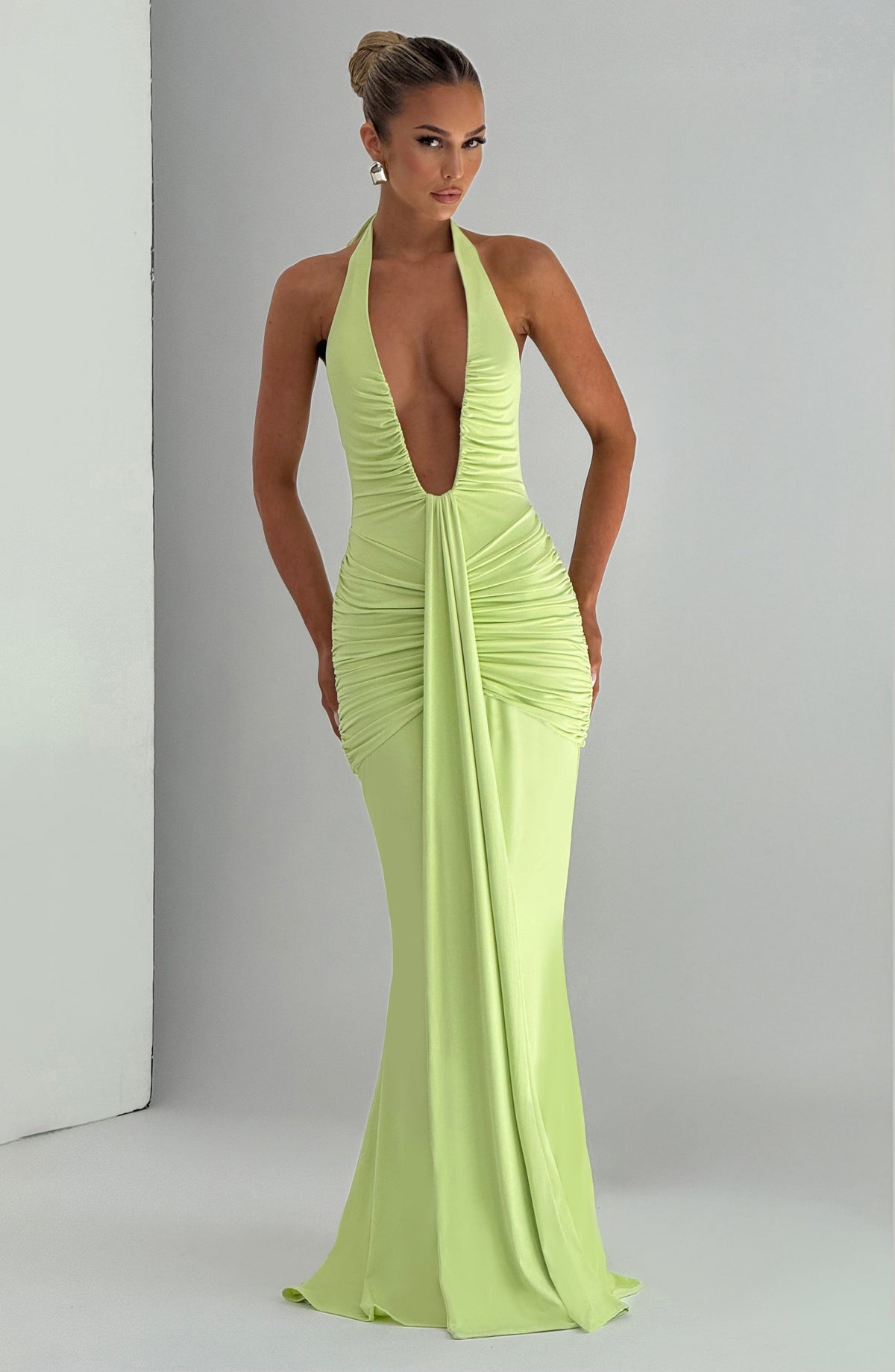 Deep V-Neck Halter Bow Back Ruched Draped Panel Maxi Gown