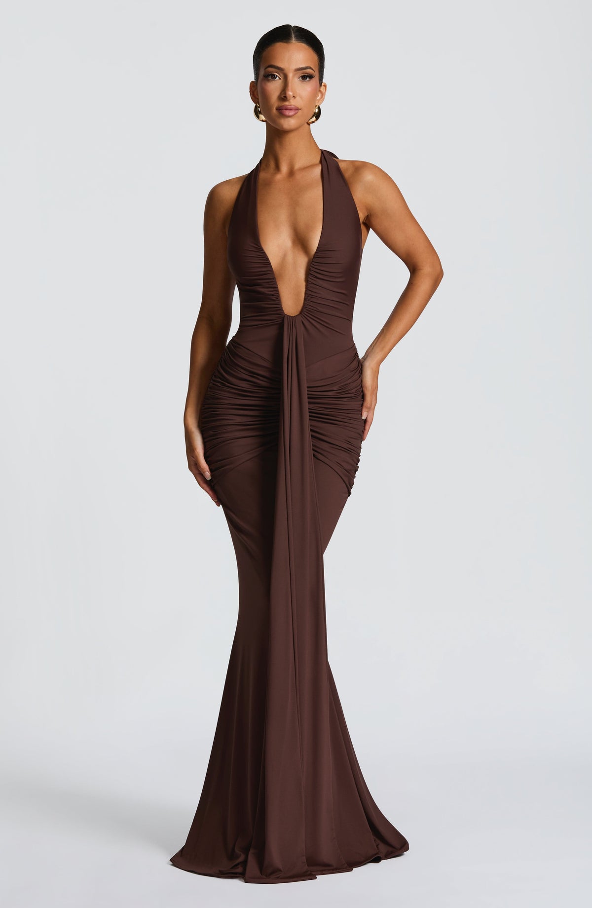 Deep V-Neck Halter Bow Back Ruched Draped Panel Maxi Gown