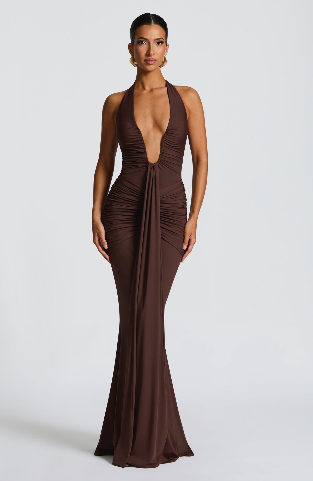 Deep V-Neck Halter Bow Back Ruched Draped Panel Maxi Gown