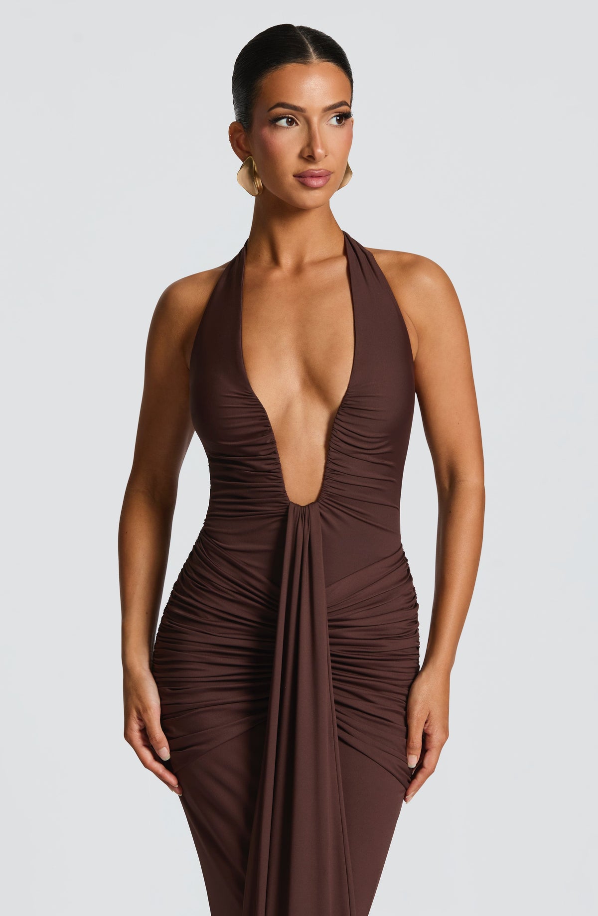 Deep V-Neck Halter Bow Back Ruched Draped Panel Maxi Gown