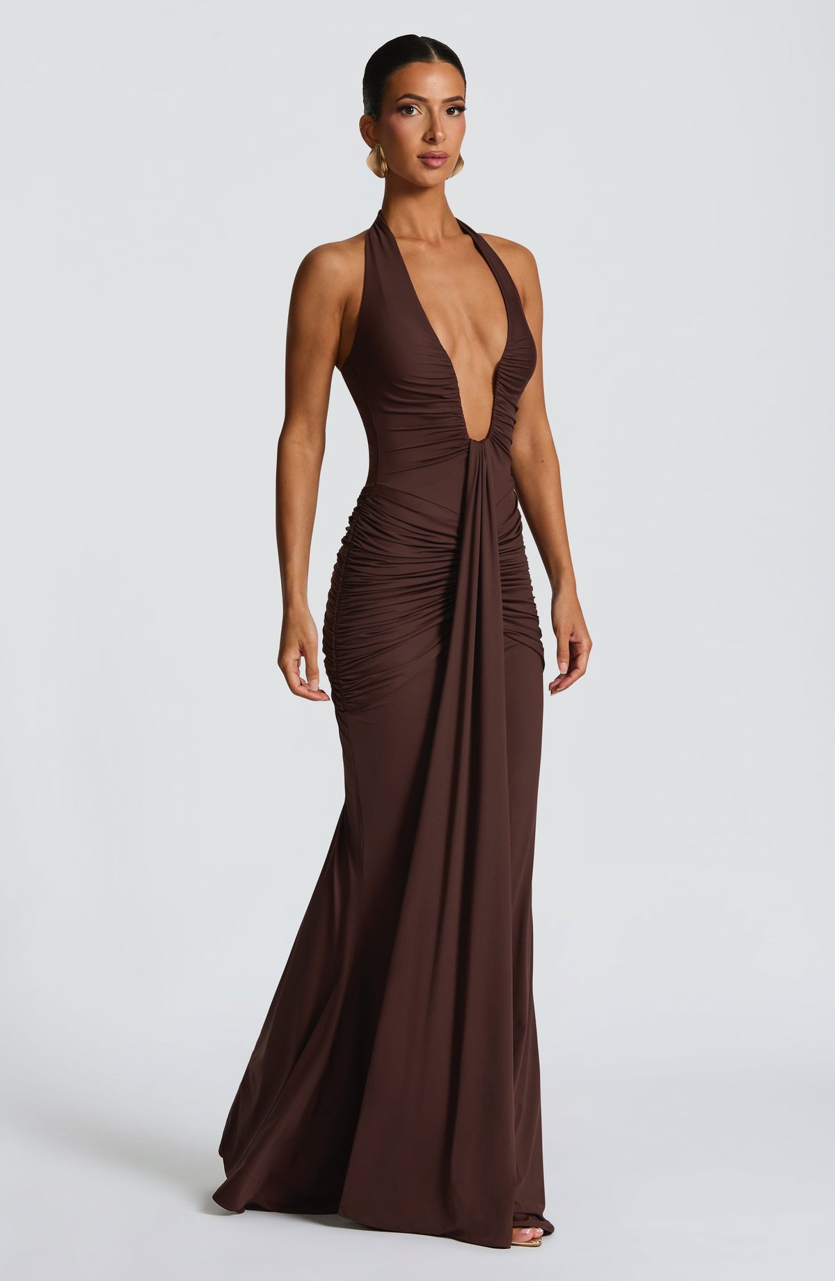 Deep V-Neck Halter Bow Back Ruched Draped Panel Maxi Gown