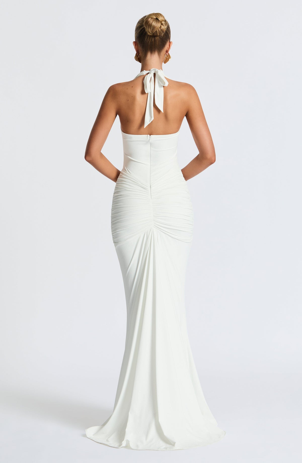 Deep V-Neck Halter Bow Back Ruched Draped Panel Maxi Gown