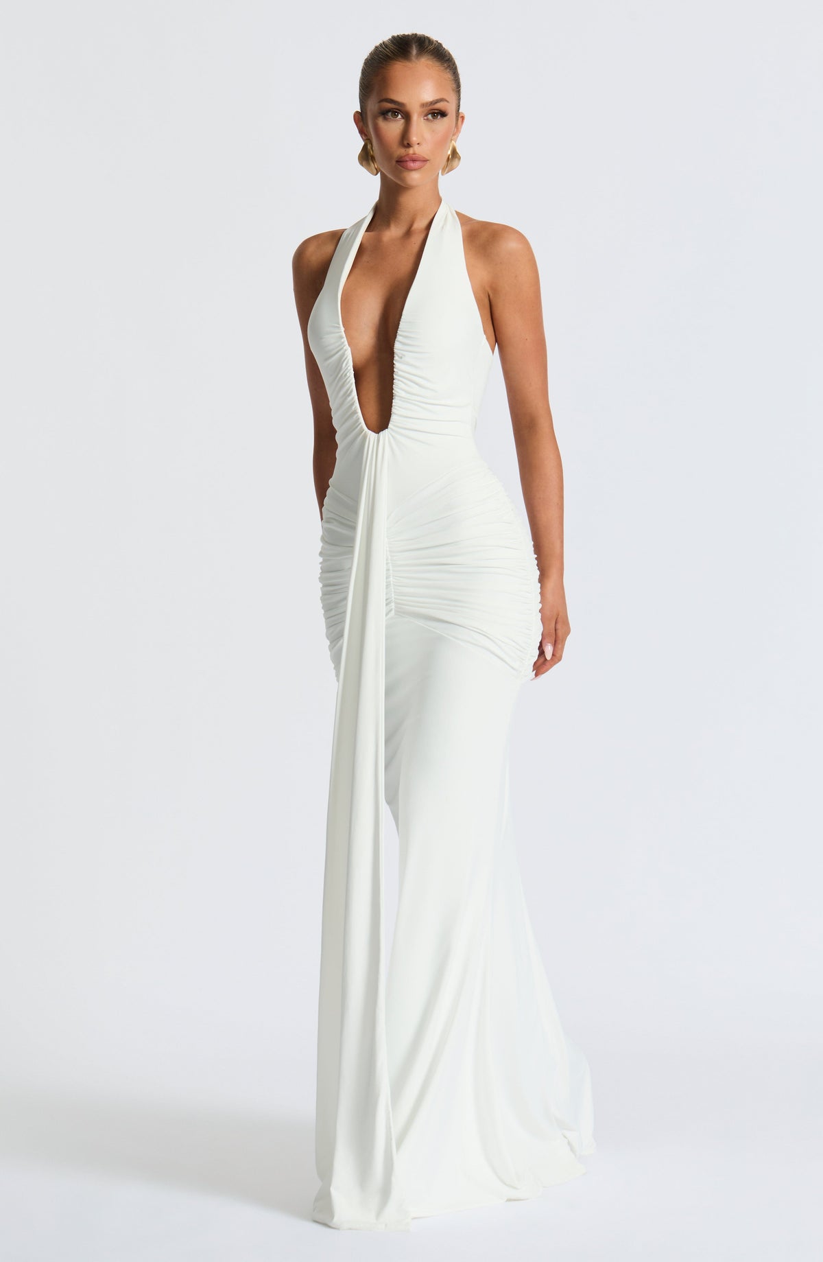 Deep V-Neck Halter Bow Back Ruched Draped Panel Maxi Gown