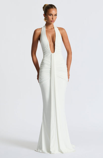 Deep V-Neck Halter Bow Back Ruched Draped Panel Maxi Gown