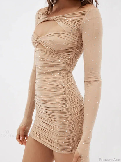 Rhinestone Twist Front Cutout Ruched Long Sleeve Bodycon Mini Dress