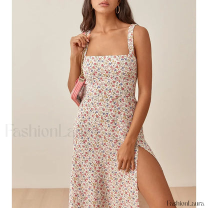 Ruched High Slit Floral Midi Dress
