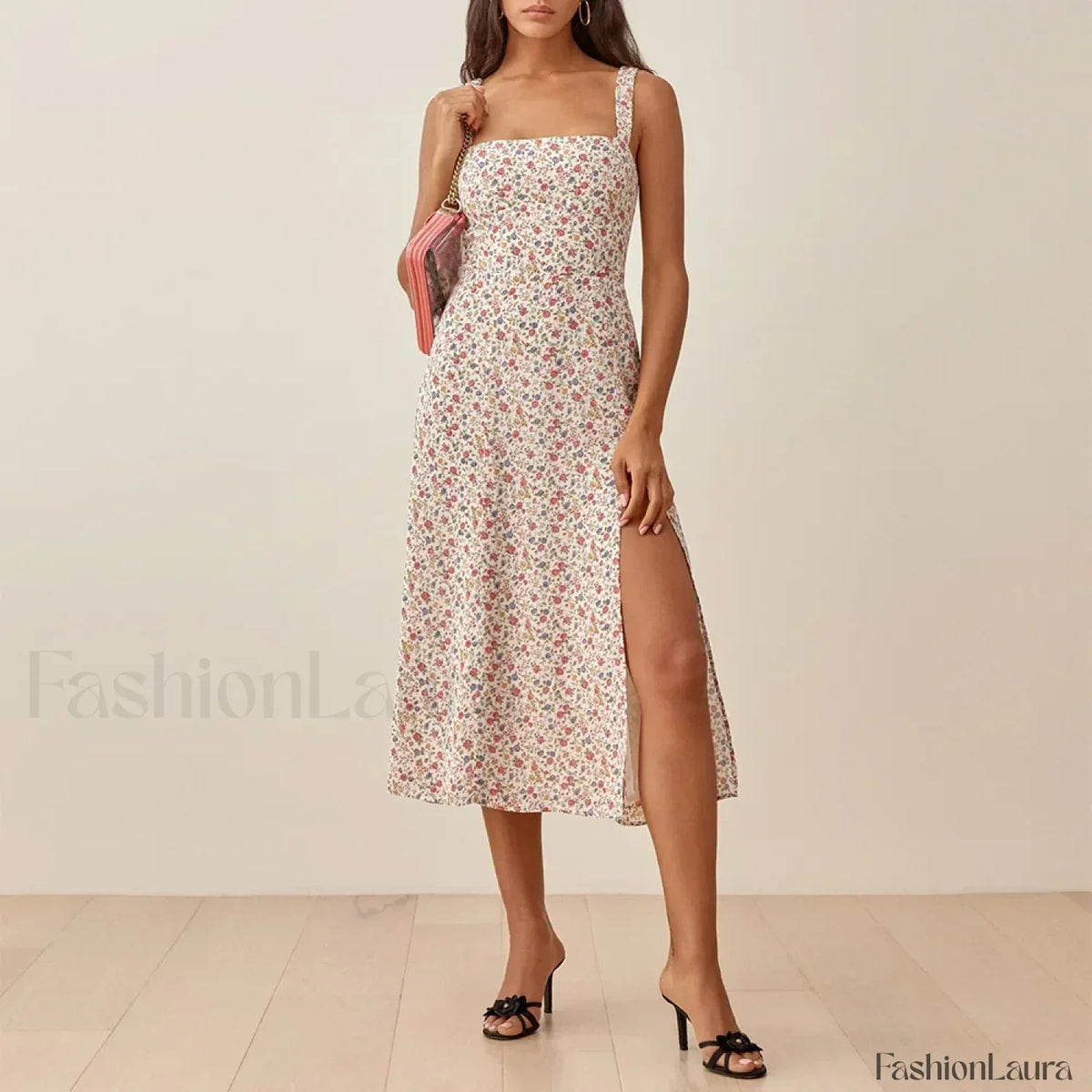 Ruched High Slit Floral Midi Dress