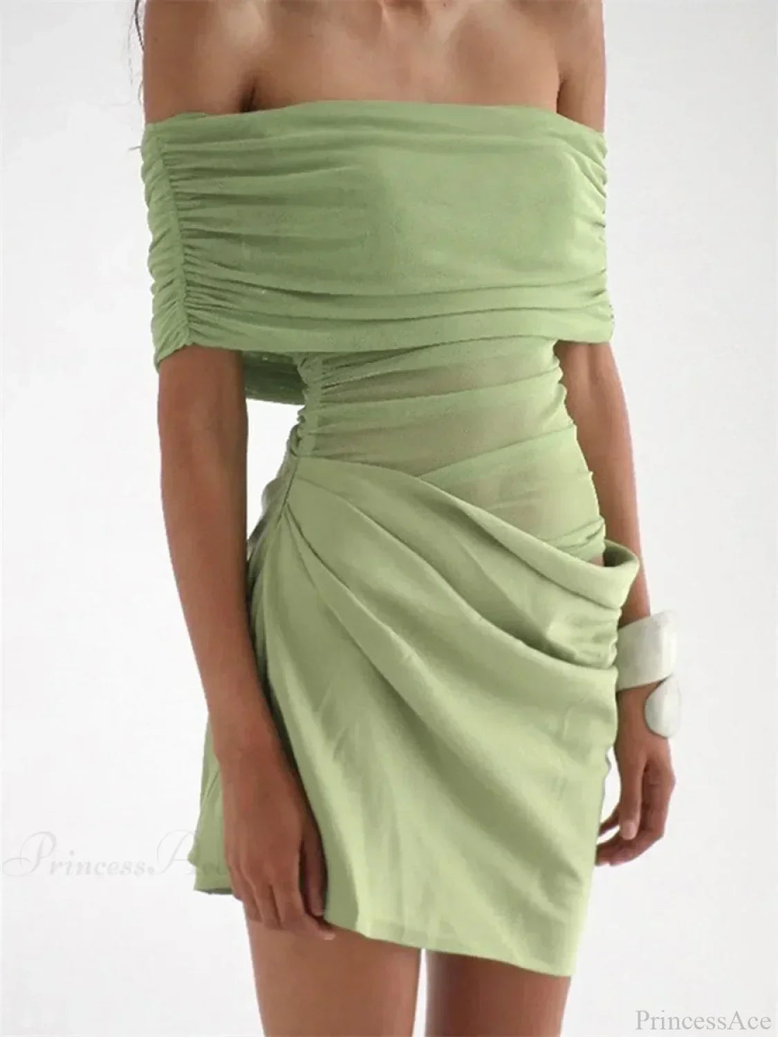 Off Shoulder Ruched Mesh Draped Wrap Asymmetrical Hem Bodycon Mini Dress