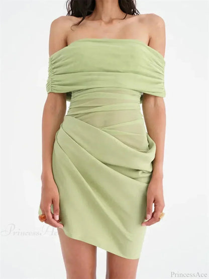Off Shoulder Ruched Mesh Draped Wrap Asymmetrical Hem Bodycon Mini Dress