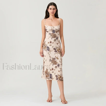 Khaki Ruched Square-neck Midi Dress