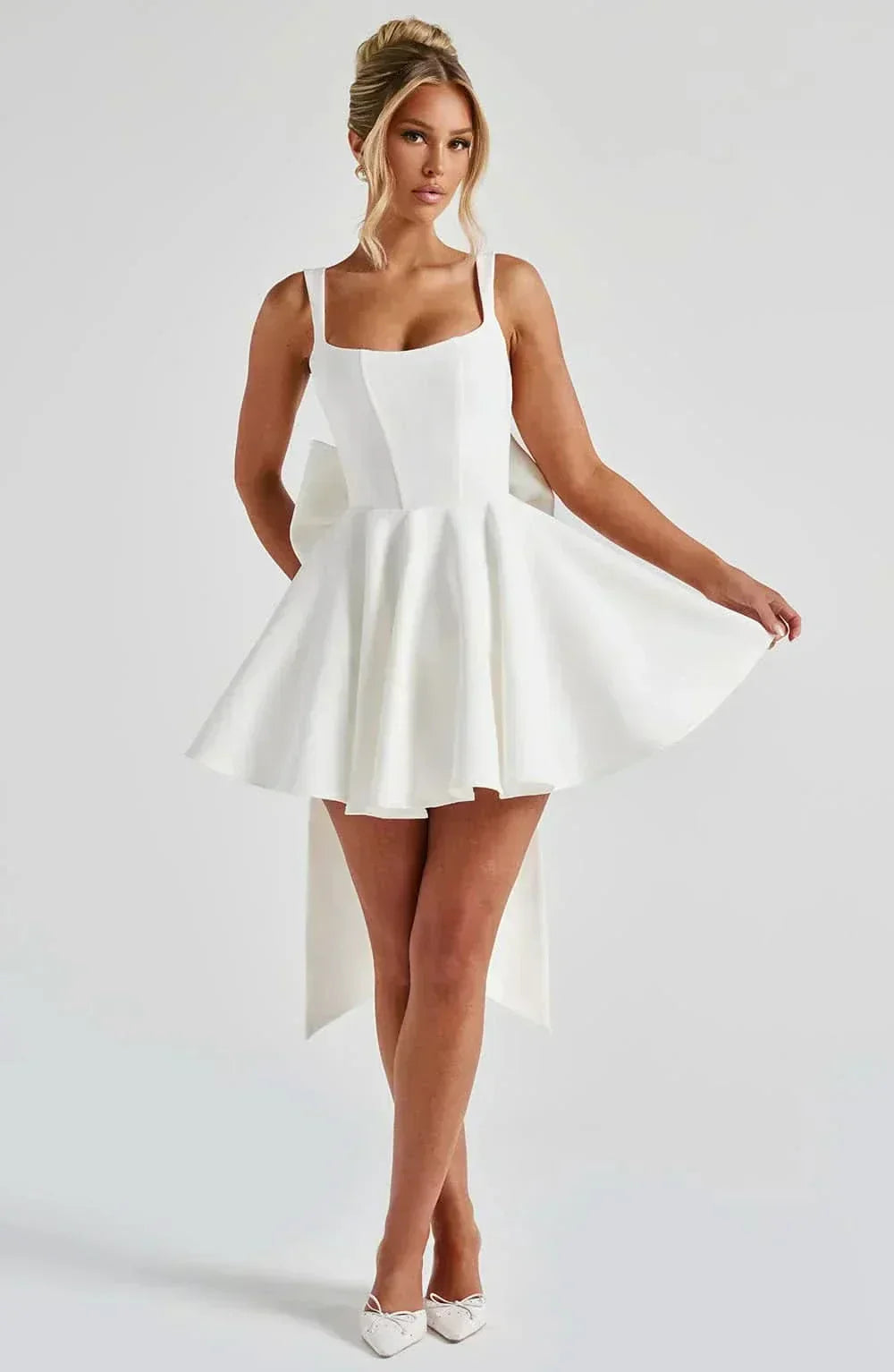 Square Neck Box Pleat Back Oversized Bow Tail Mini Dress
