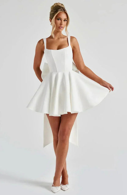 Square Neck Box Pleat Back Oversized Bow Tail Mini Dress
