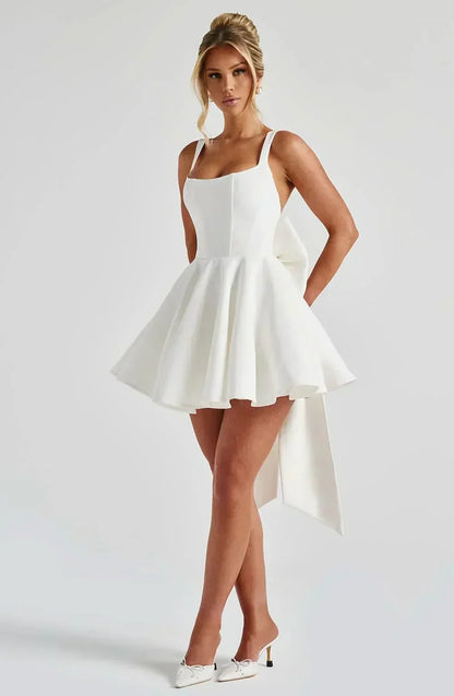 Square Neck Box Pleat Back Oversized Bow Tail Mini Dress