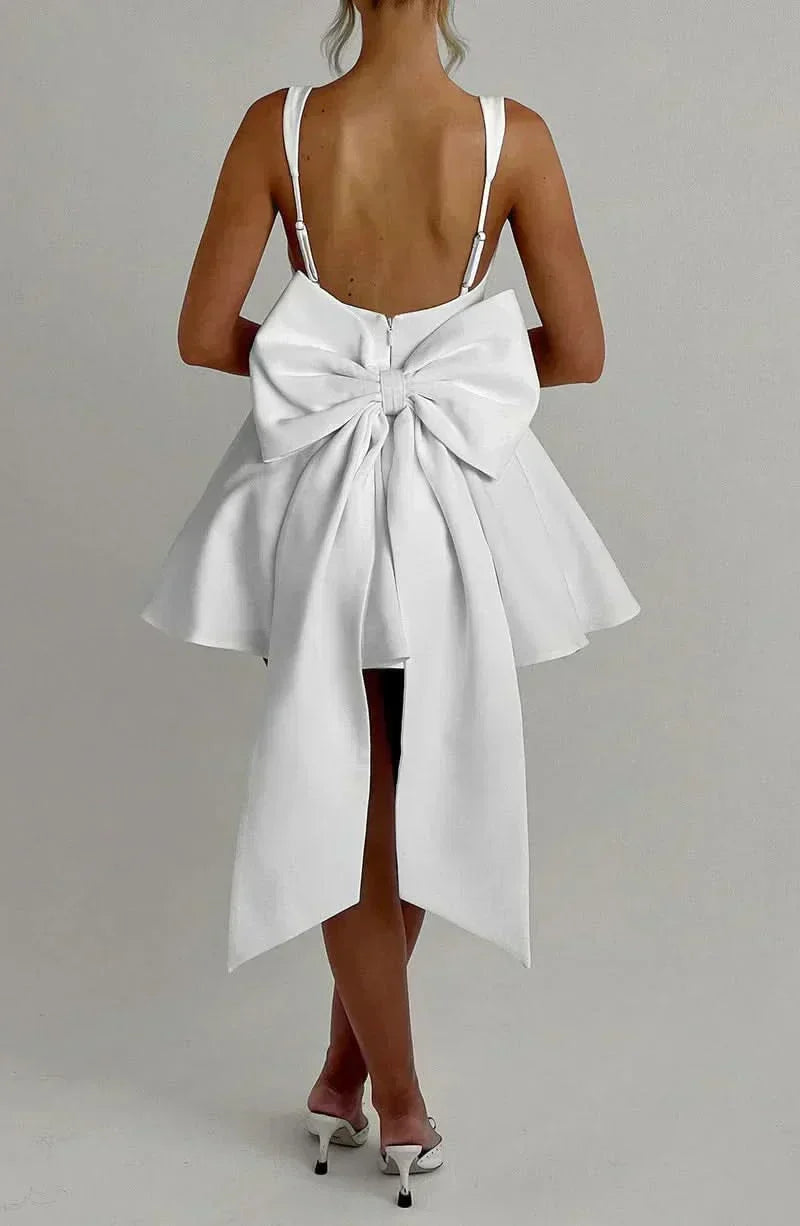 Square Neck Box Pleat Back Oversized Bow Tail Mini Dress