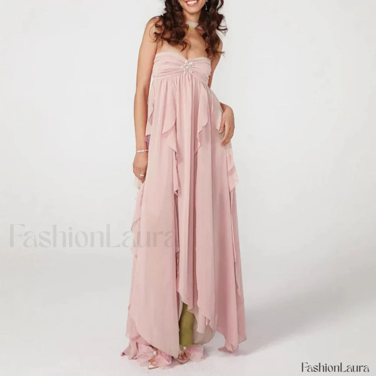 Pink Ruffled Patchwork Chiffon Maxi Dress