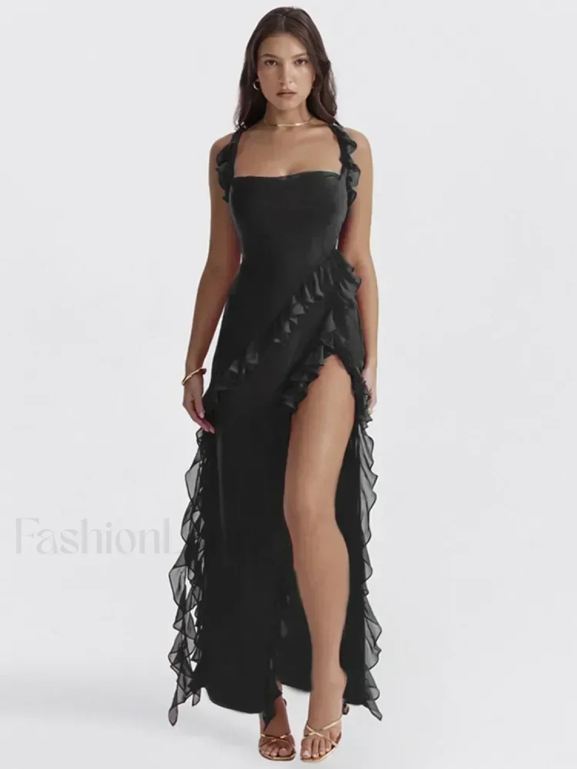 Ruffled Thigh-split Midi Dress