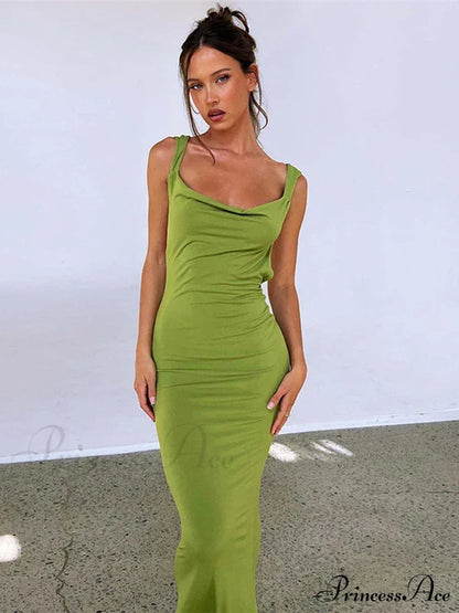 Ruffles Green Straps Backless Elegant Bodycon Evening Maxi Dress
