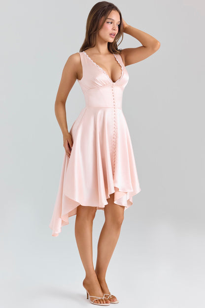 Button Front Lace Trim Corset Bodice High Low Satin Mini Dress