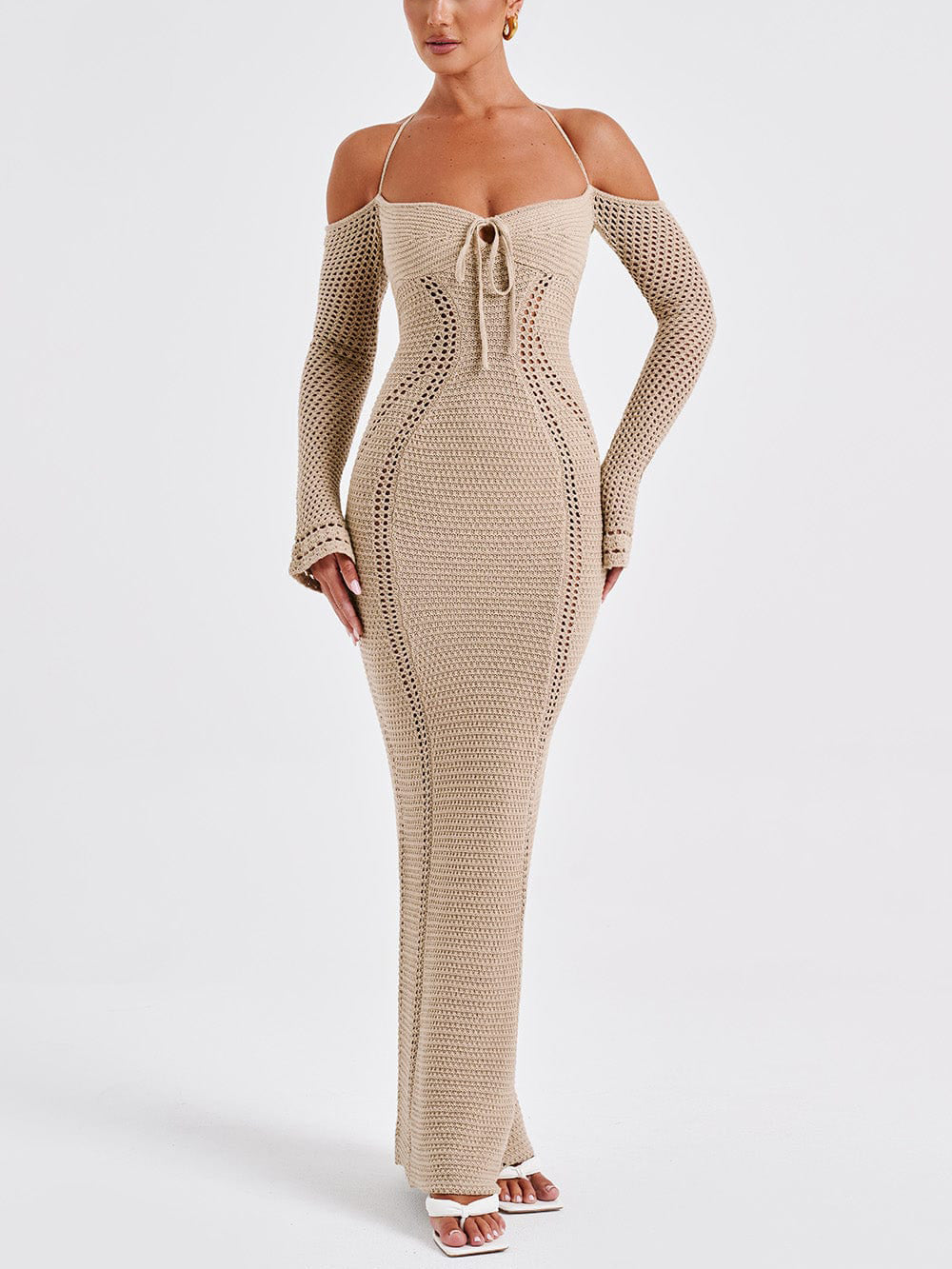 Sweetheart Halter Tie Crochet Mesh Cold-Shoulder Sleeve Maxi Dress