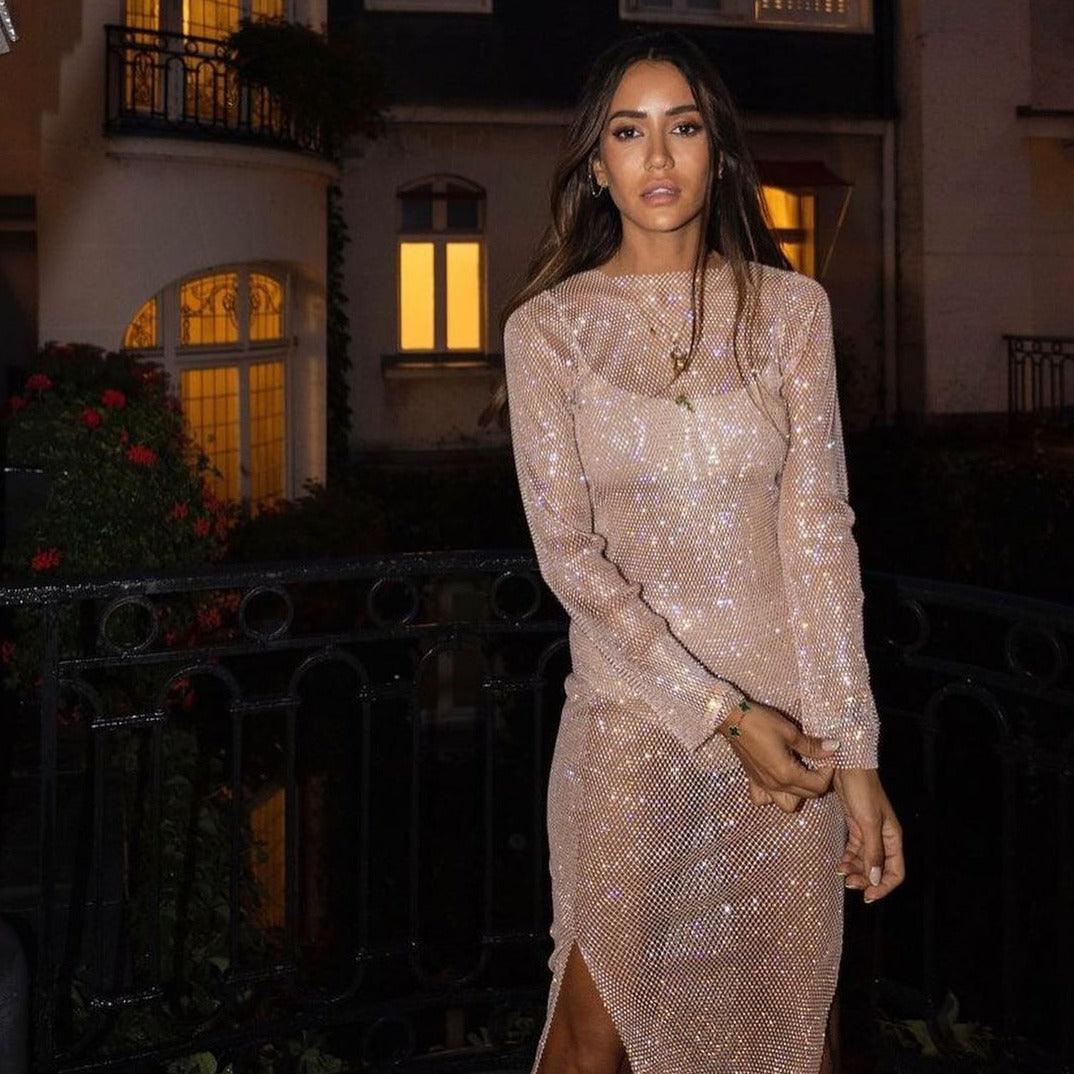 Halter Neck Rhinestone Mesh Maxi Dress