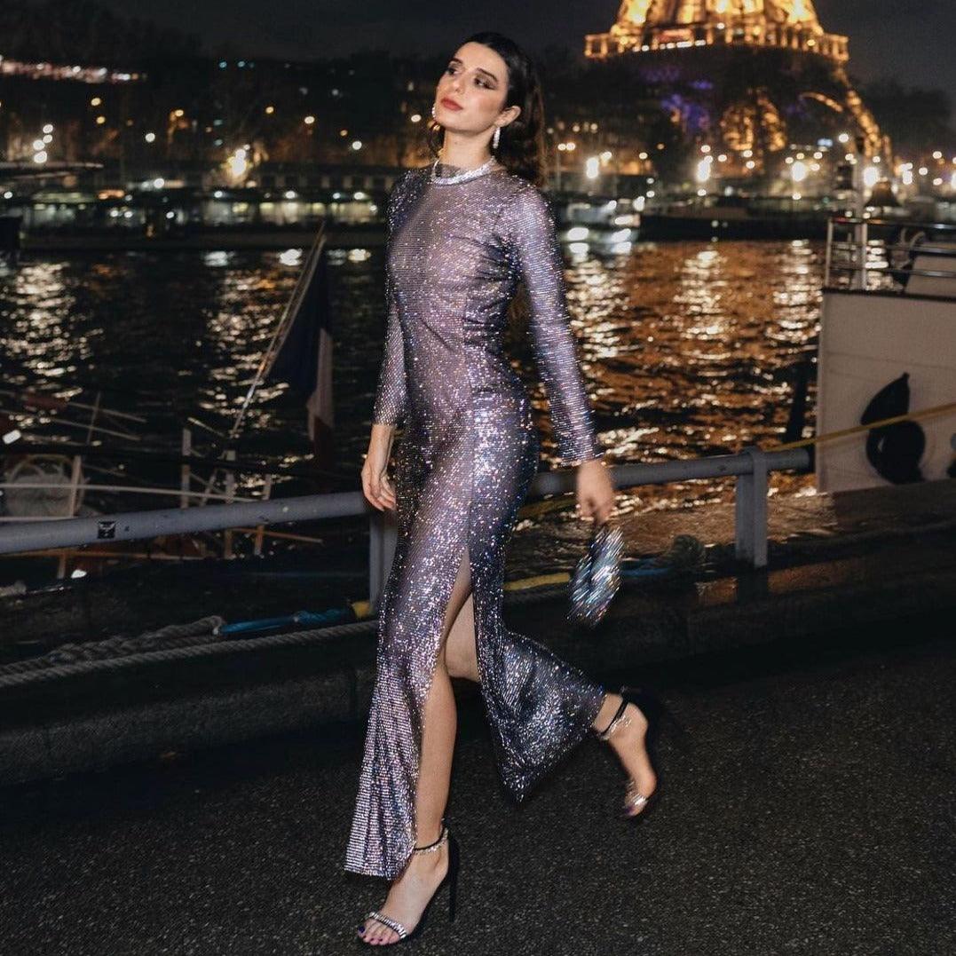 Halter Neck Rhinestone Mesh Maxi Dress