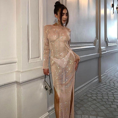 Halter Neck Rhinestone Mesh Maxi Dress