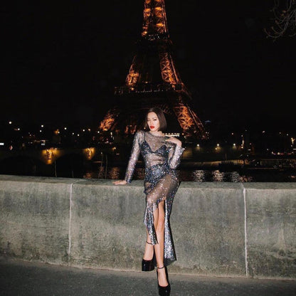 Halter Neck Rhinestone Mesh Maxi Dress