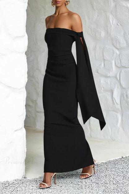 Sash Off Shoulder Split Slim Fitted Maxi Dress