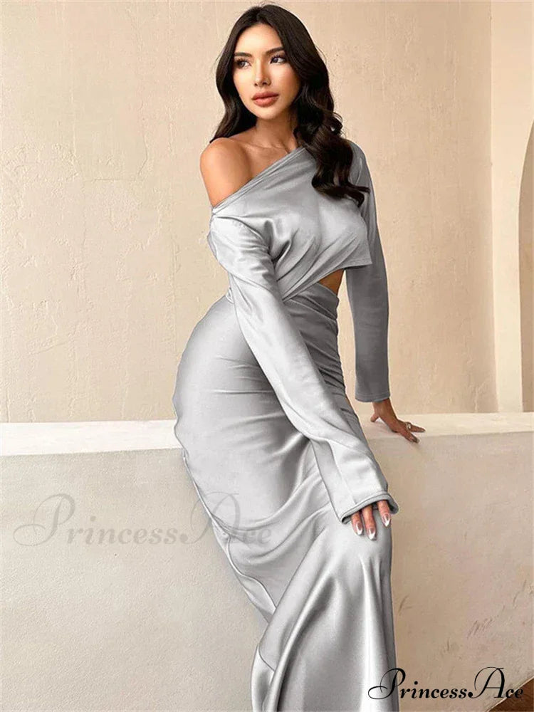 Satin Off Shoulder Long Sleeve Crop Top Maxi Dress