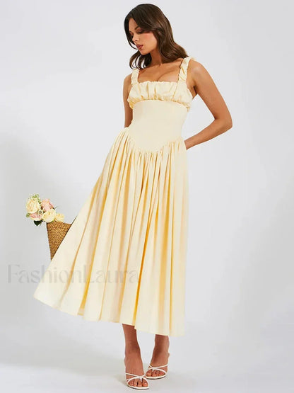 Satin Square-collar Midi Dress