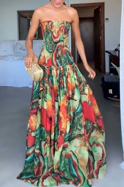 Vacay Vibes Colorful Lava Print Off Shoulder Smocked Scarf Maxi Dress