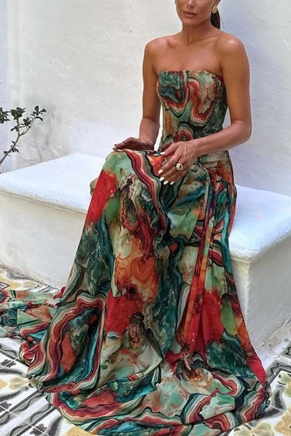 Vacay Vibes Colorful Lava Print Off Shoulder Smocked Scarf Maxi Dress