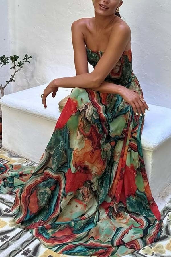 Vacay Vibes Colorful Lava Print Off Shoulder Smocked Scarf Maxi Dress