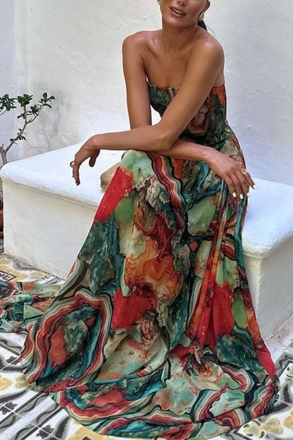 Vacay Vibes Colorful Lava Print Off Shoulder Smocked Scarf Maxi Dress