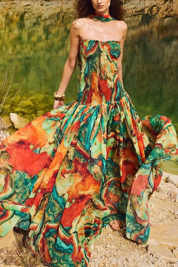 Vacay Vibes Colorful Lava Print Off Shoulder Smocked Scarf Maxi Dress