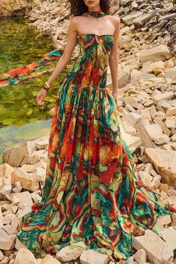 Vacay Vibes Colorful Lava Print Off Shoulder Smocked Scarf Maxi Dress