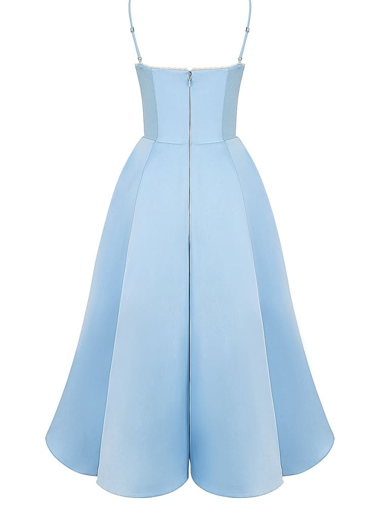 Sweetheart Lace Trim Bustier Spaghetti Strap Tulle Hem Midi Dress