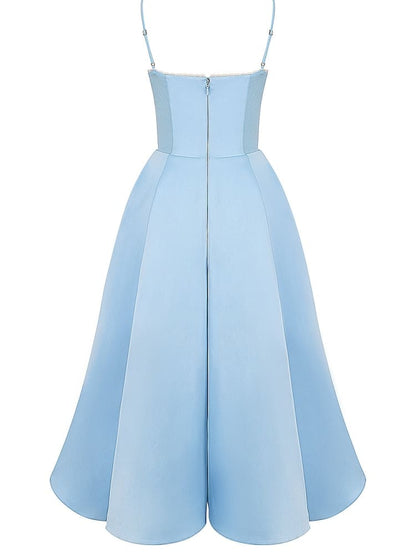 Sweetheart Lace Trim Bustier Spaghetti Strap Tulle Hem Midi Dress