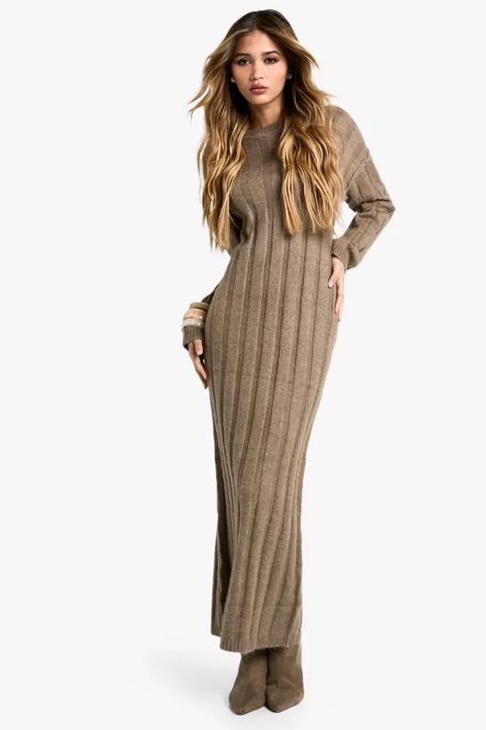 Crew Neck Ribbed Knit Side Slit Maxi Sweater Dress