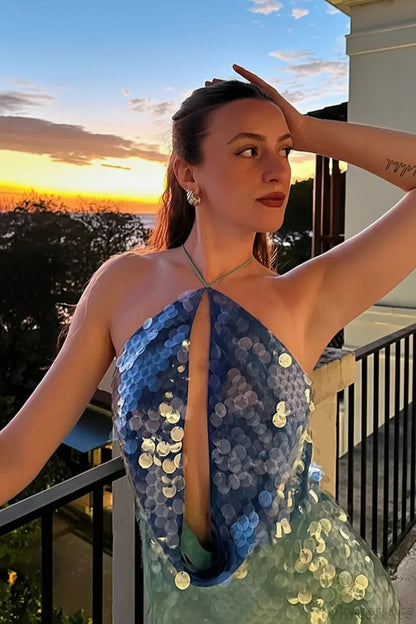 Sequin Halter Neck Backless Bodycon Mini Dress