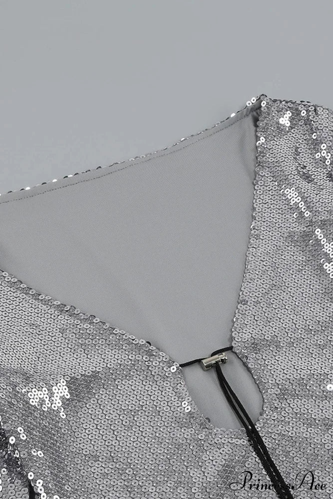 Sequins V Neck Flares Sleeve Pack Hip Dress