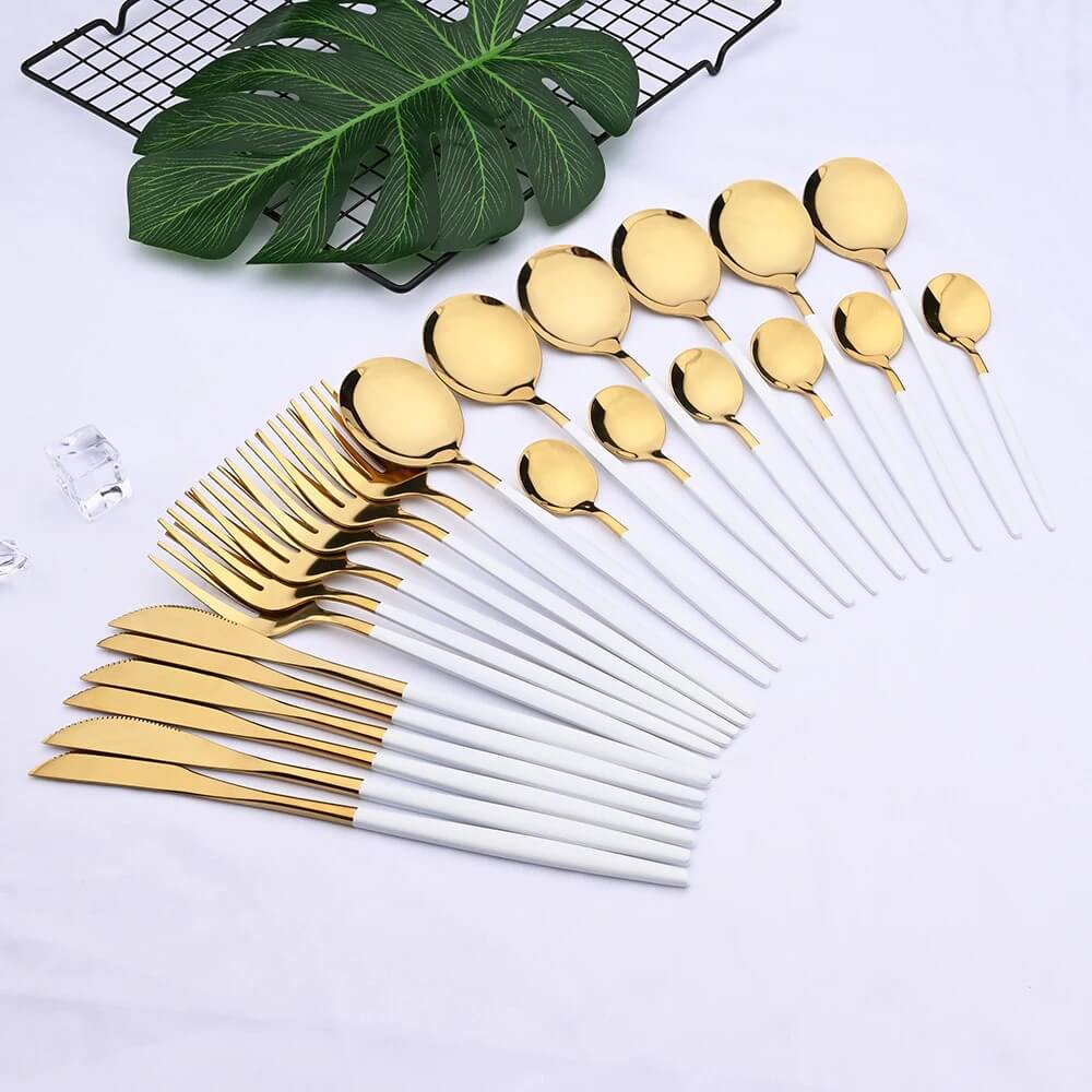 Modern White Gold Flatware Set - 24 Piece