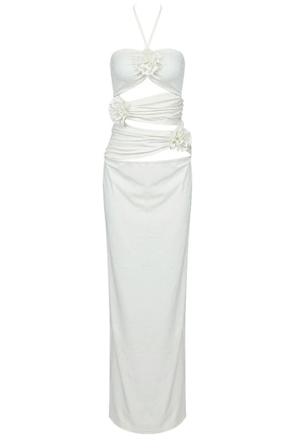 3D Rosette Halter Cutout Crop Top Maxi Skirt Coat Set