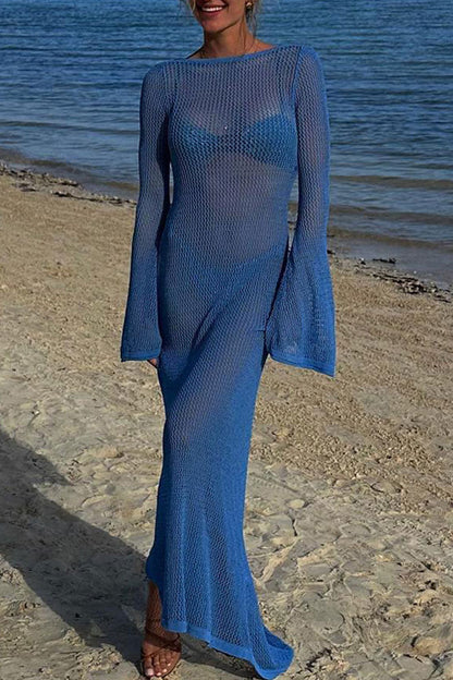 Boat Neck Bell Sleeve Crochet Knit Sheer Bodycon Beach Maxi Dress