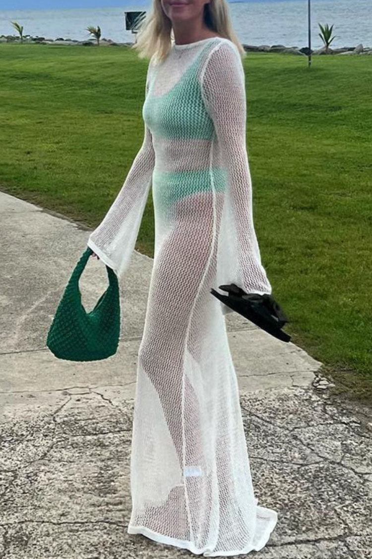 Crochet Knit Crew Neck Bell Sleeve Sheer Mesh Maxi Dress