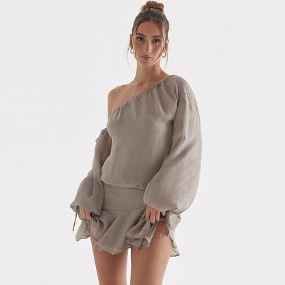 One Shoulder Bishop Sleeve Ruffle Hem Chiffon Mini Dress
