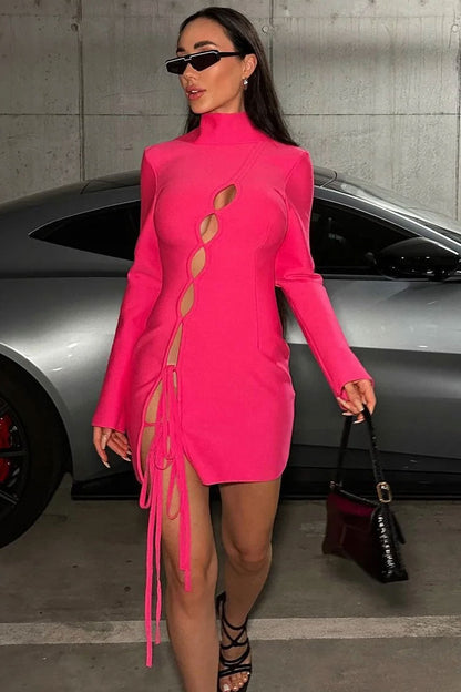 Cutout Bow Tie High Neck Long Sleeve Bandage Mini Dress