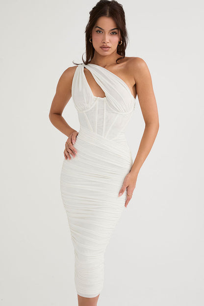 One Shoulder Cutout Mesh Corset Bodice Ruched Bodycon Midi Dress