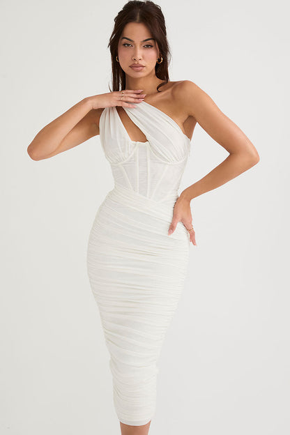 One Shoulder Cutout Mesh Corset Bodice Ruched Bodycon Midi Dress